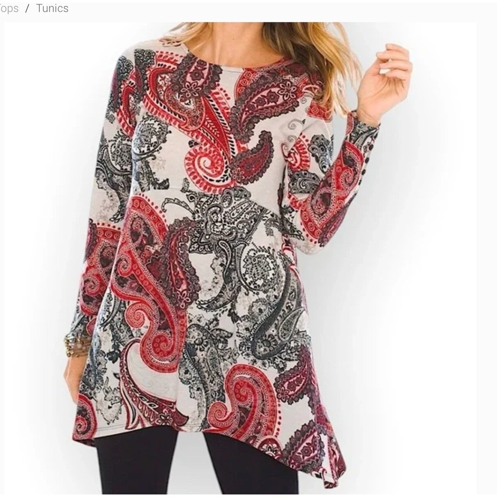 Chico's Long Sleeve Tunic Knit Top 3 (XL) Lagenlook Pockets Hi-Low Artsy Swing
